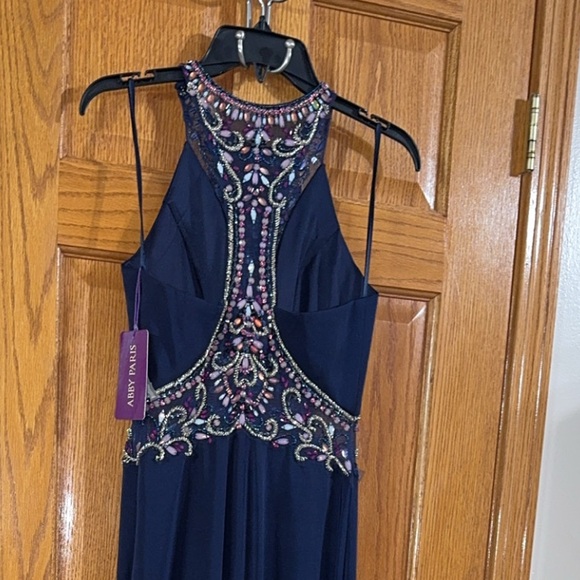 Abby Paris Formal Dress Size 8 Navy Blue Beaded Waist Train Gown AUTHENTIC NWT - Picture 12 of 15